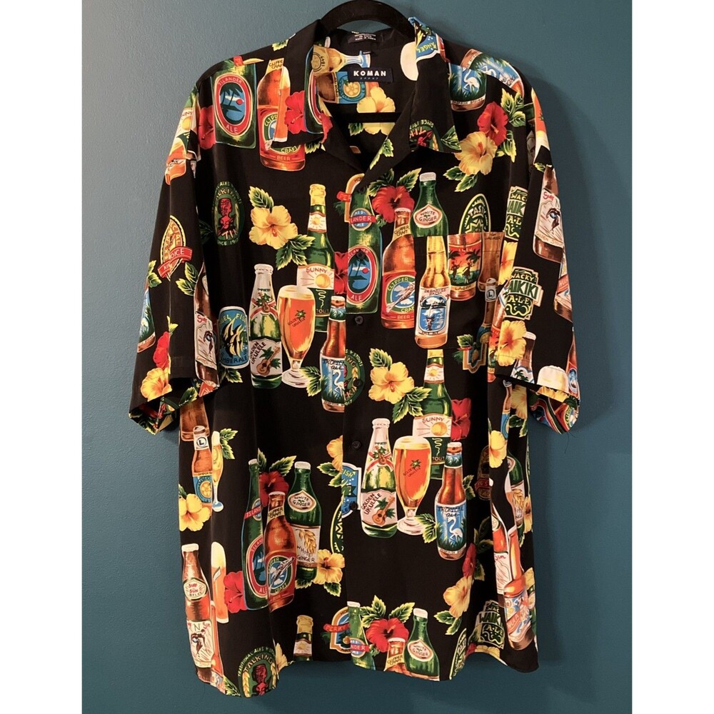 VTG Koman Sport Hawaiian Shirt Beer Bottles Flower Men’s XXL Black Short Sleeve